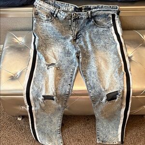 Men's Light Blue Distressed Jeans with Black Stripe